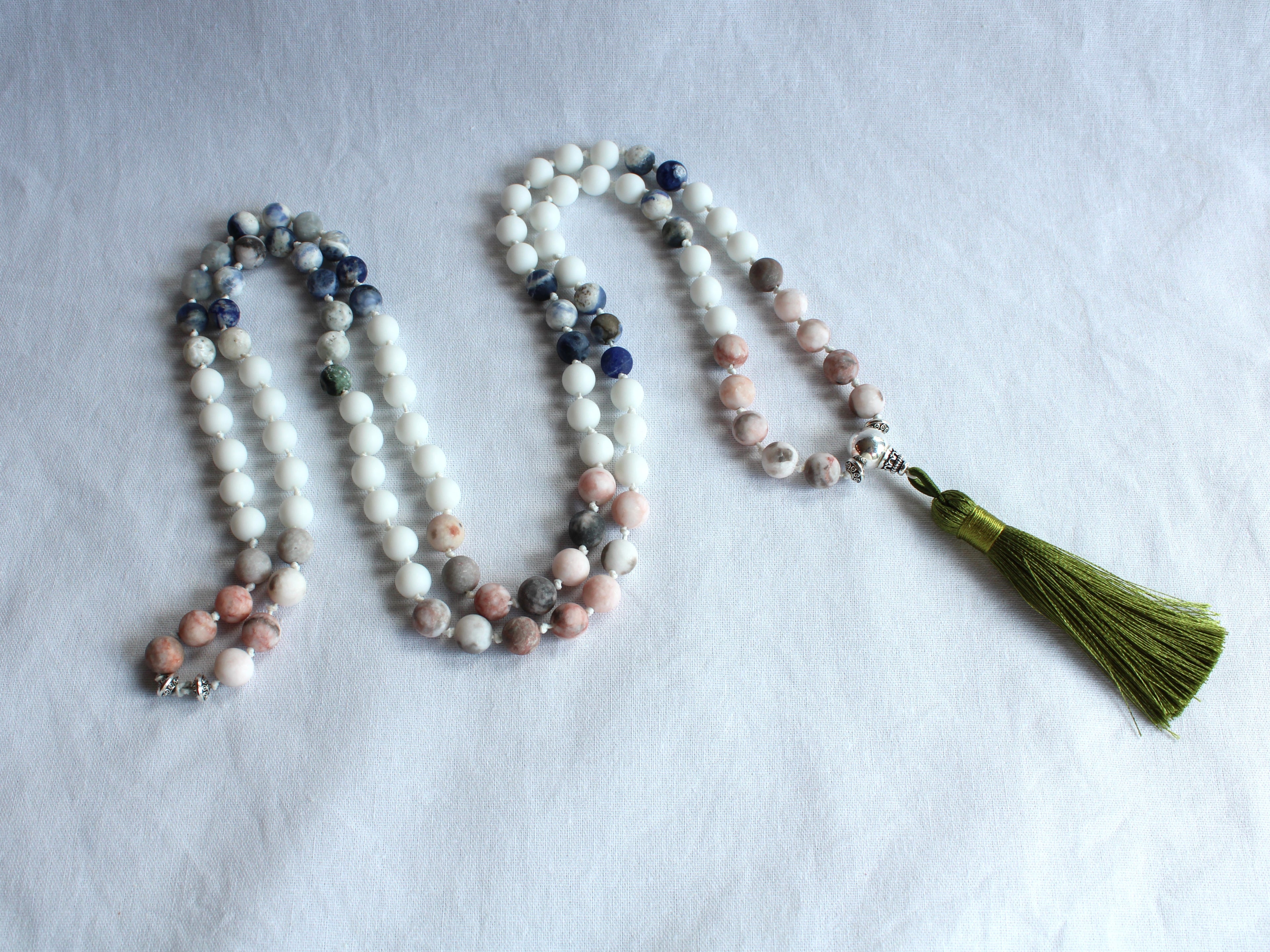 108 Mala Prayer Hand Knotted Beaded Necklace - 8mm Blue Sodalite - Pink Zebra Jasper - White Agate