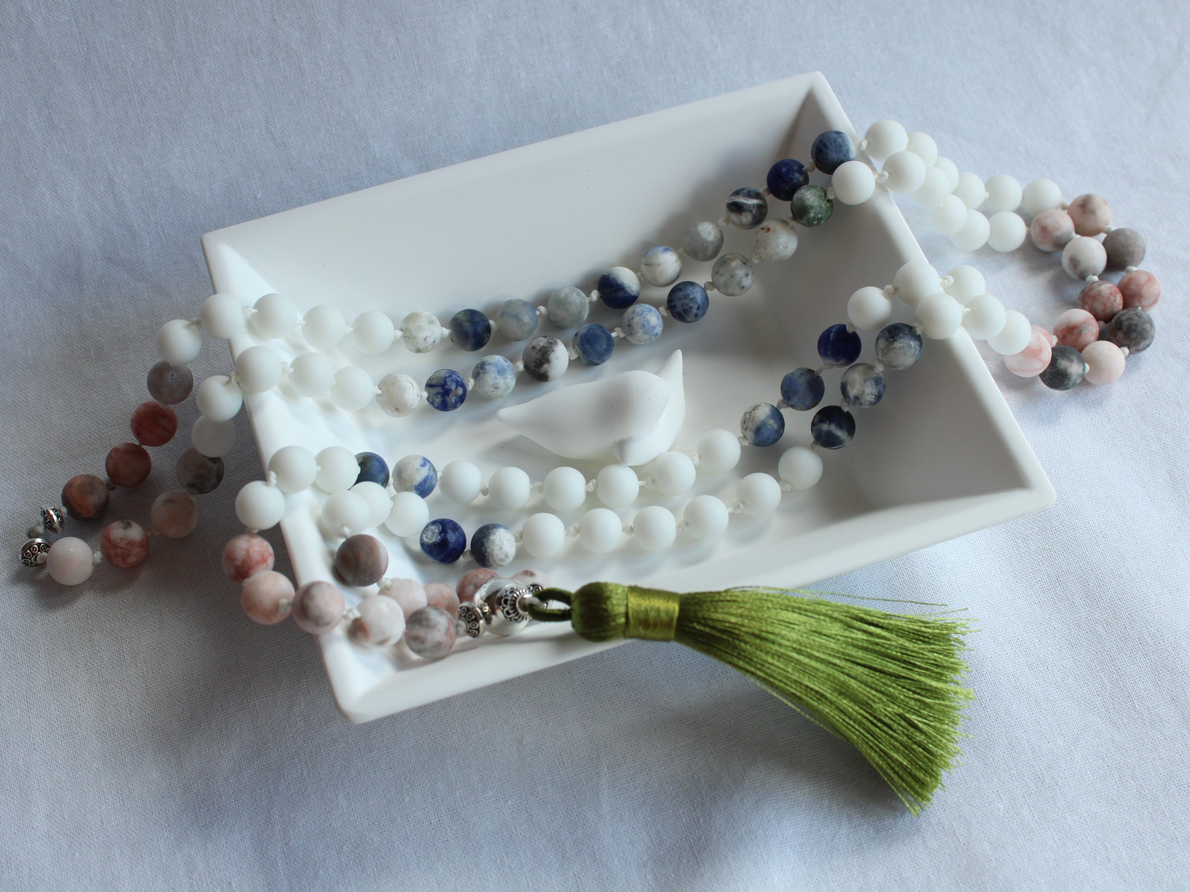 108 Mala Prayer Hand Knotted Beaded Necklace - 8mm Blue Sodalite - Pink Zebra Jasper - White Agate