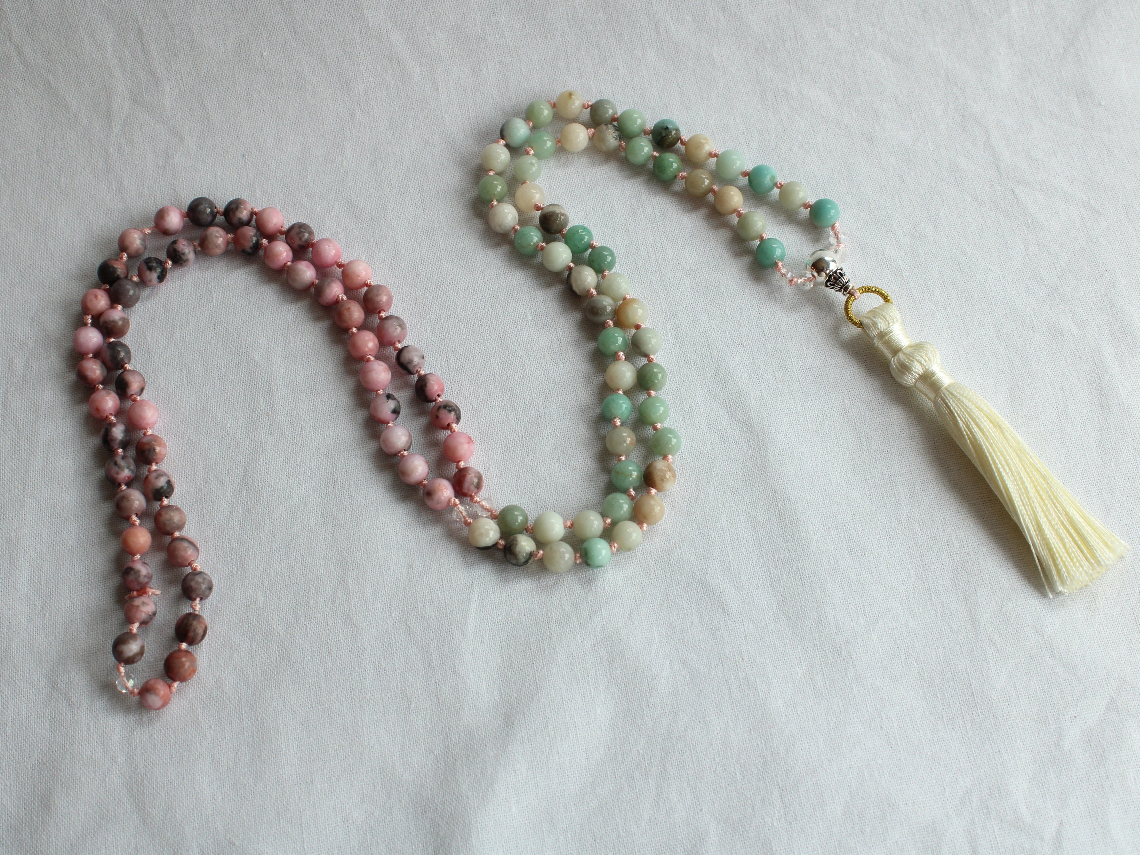 108 Mala Prayer Elasticated Beaded Necklace - 6mm Pink Zebra Jasper - Amazonite
