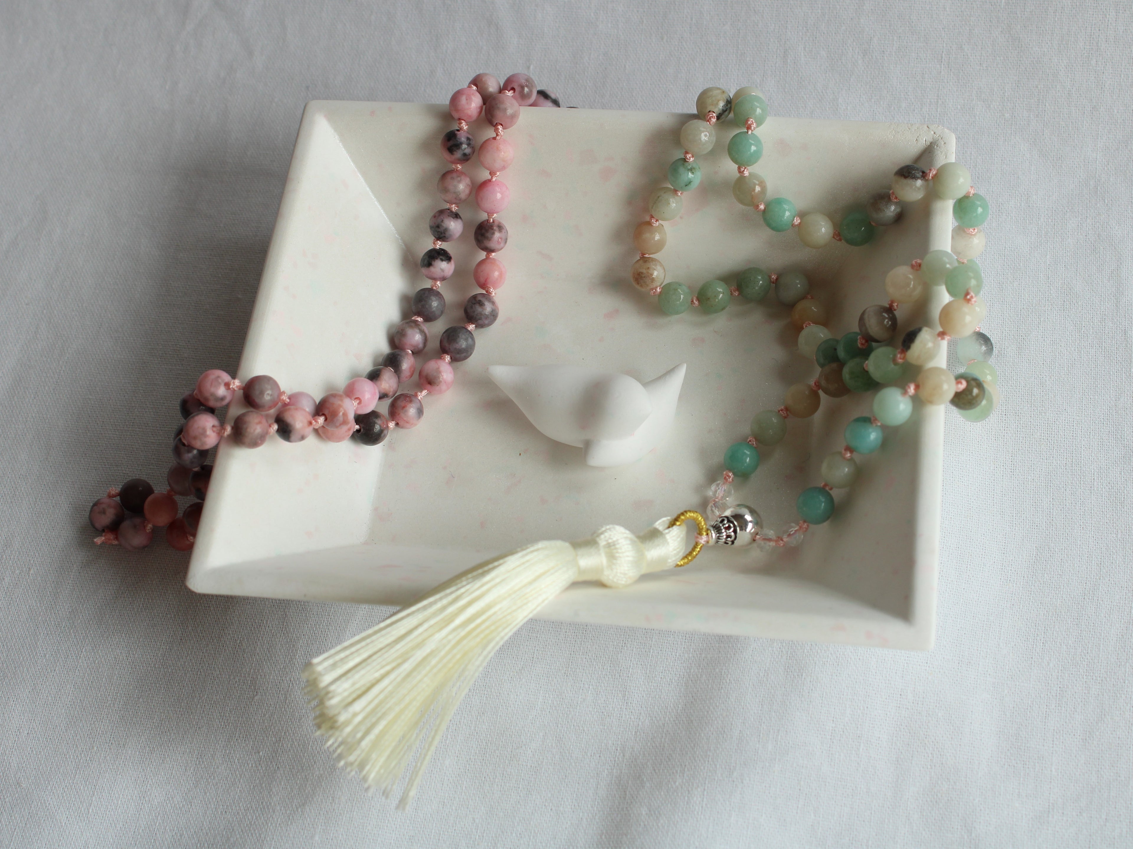 108 Mala Prayer Elasticated Beaded Necklace - 6mm Pink Zebra Jasper - Amazonite