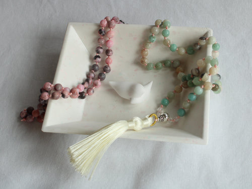 108 Mala Prayer Elasticated Beaded Necklace - 6mm Pink Zebra Jasper - Amazonite