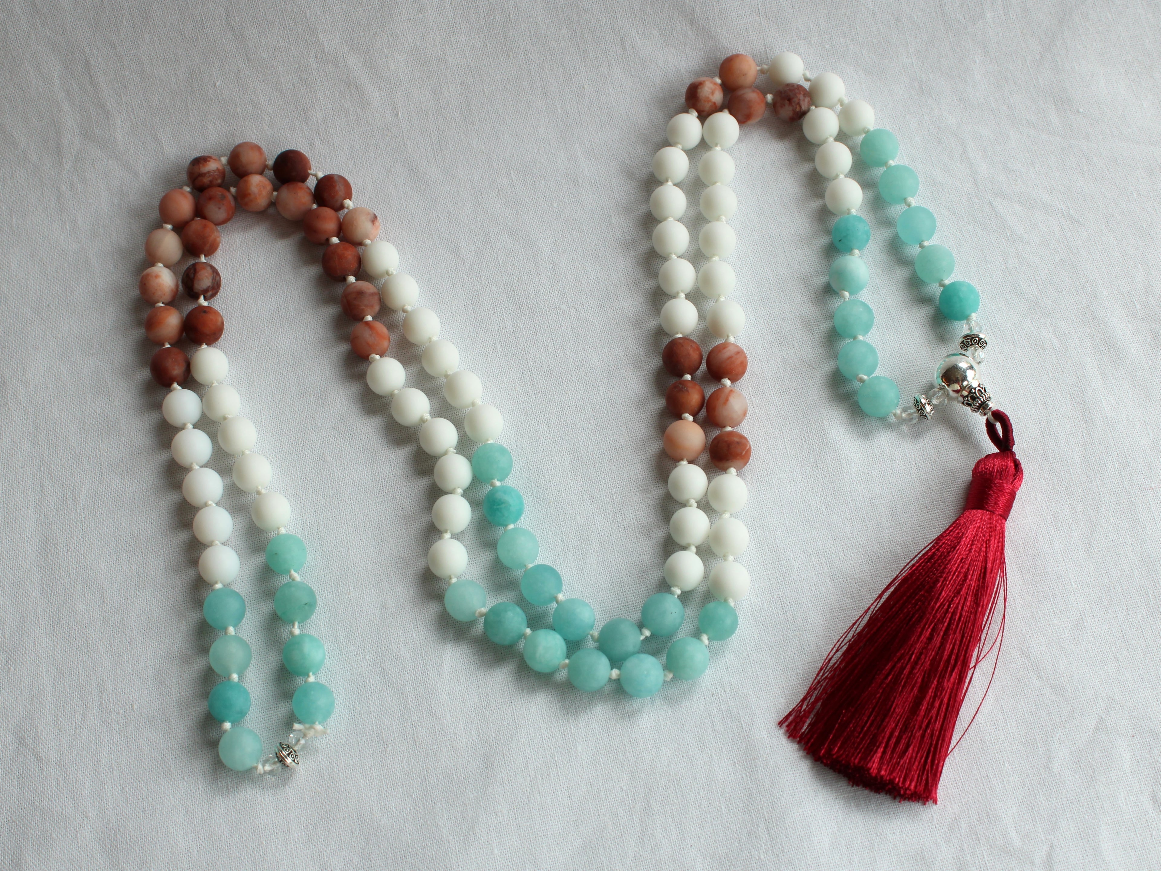 108 Mala Prayer Hand Knotted Beaded Necklace - 8mm Pink Aventurine - White Agate - Blue Amazonite