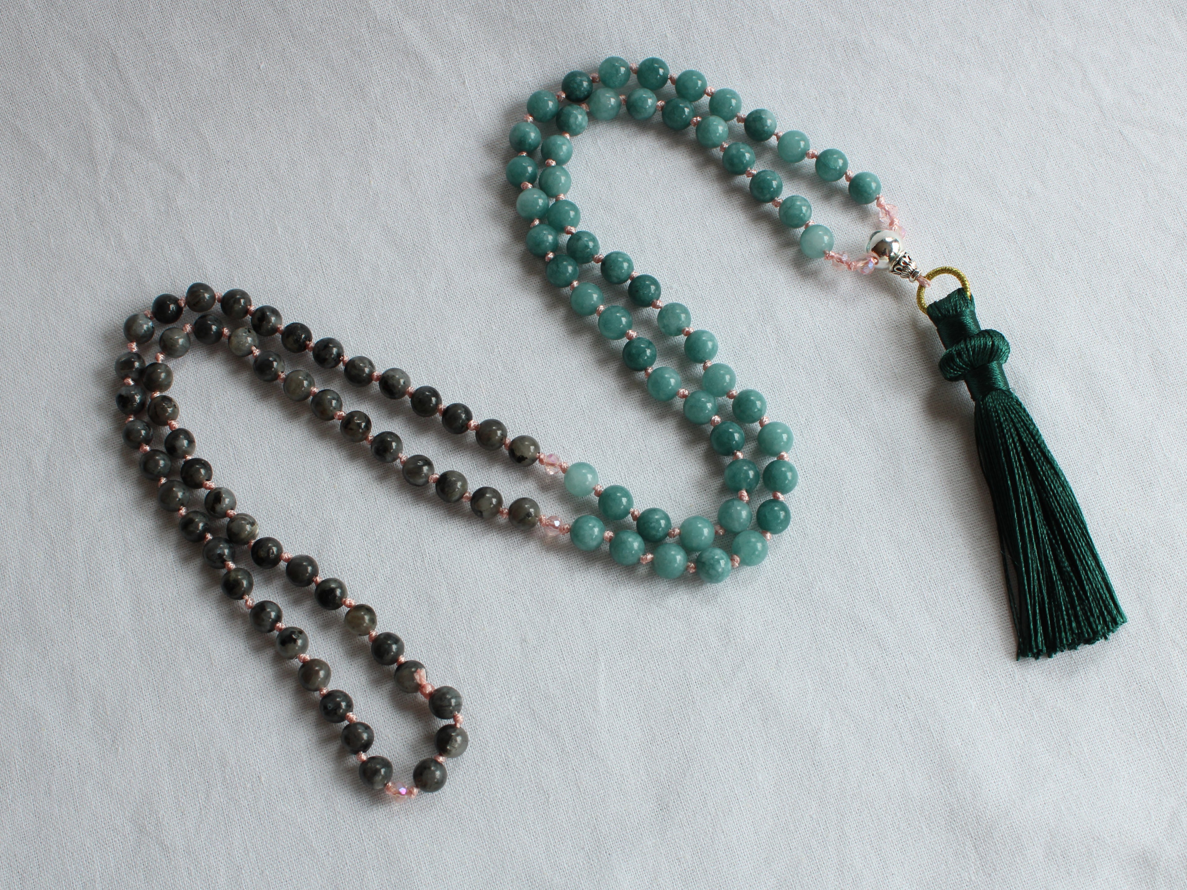 108 Mala Prayer Elasticated Beaded Necklace - 6mm Labradorite - Aquamarine