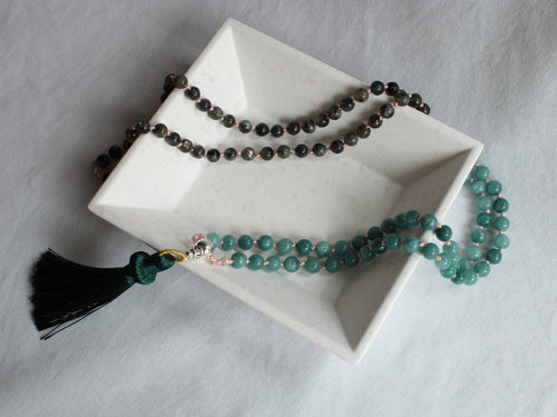 108 Mala Prayer Elasticated Beaded Necklace - 6mm Labradorite - Aquamarine