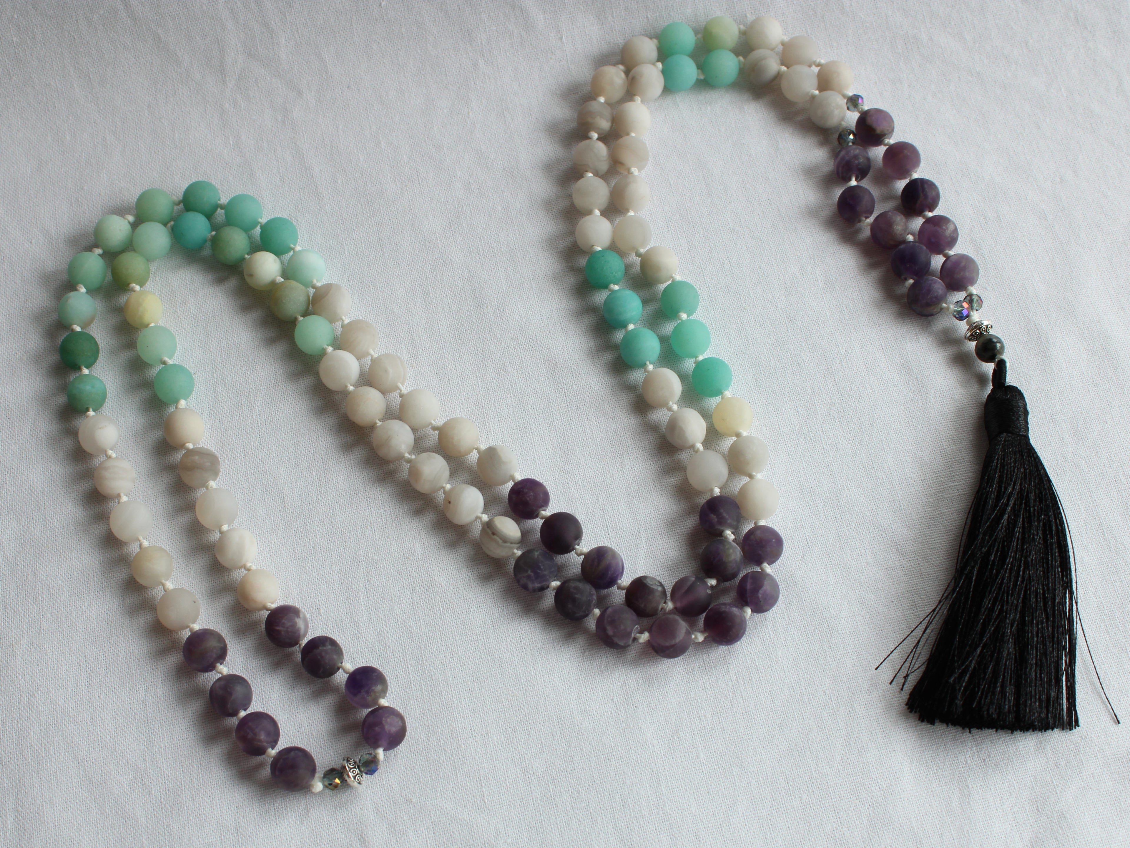 108 Mala Prayer Hand Knotted Beaded Necklace - 8mm Phoenix Agate - Amethyst - Amazonite
