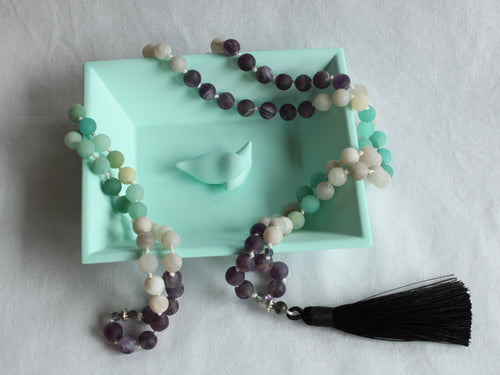 108 Mala Prayer Hand Knotted Beaded Necklace - 8mm Phoenix Agate - Amethyst - Amazonite